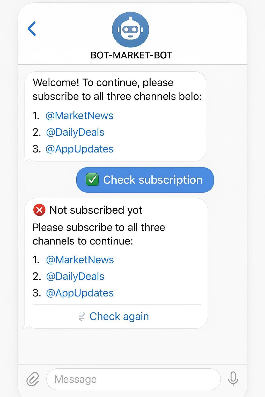 Bot message with a check button
