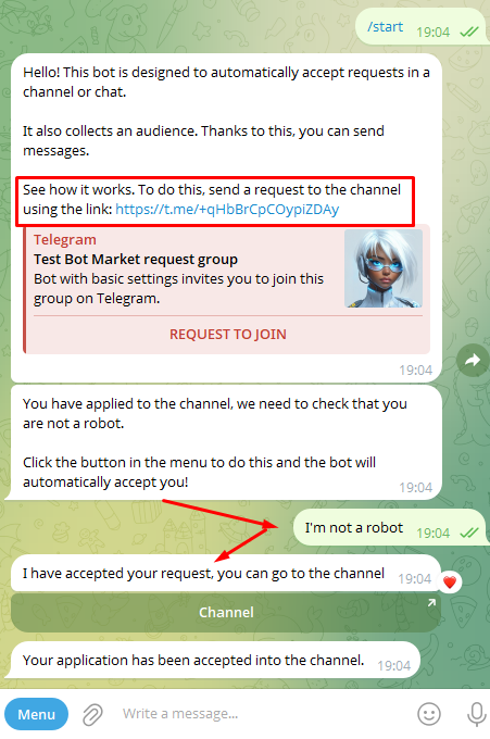 Screenshots of the join-request bot (slide 3)