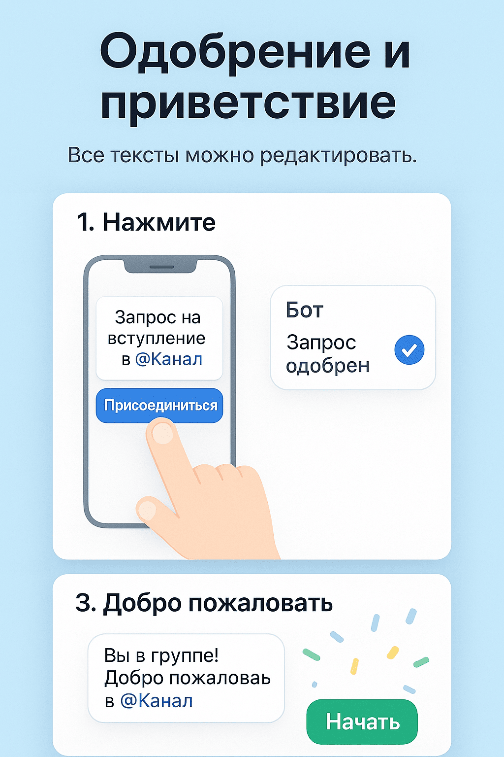 Одобрение заявки и вход в канал